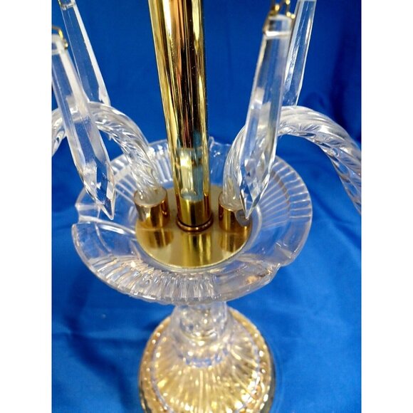 XL Cut Crystal 3 Arm Candlestick Candelabra  Prisms Hollywood Regency MCM Brass - Picture 10 of 10